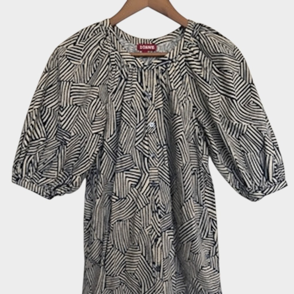STAUD Navy White Geometric Striped Puff Sleeve Button Up Vincent Mini Dress XS